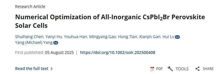 浙大杨旸最新Solar RRL：全无机CsPbI₂Br钙钛矿太阳能电池的数值优化